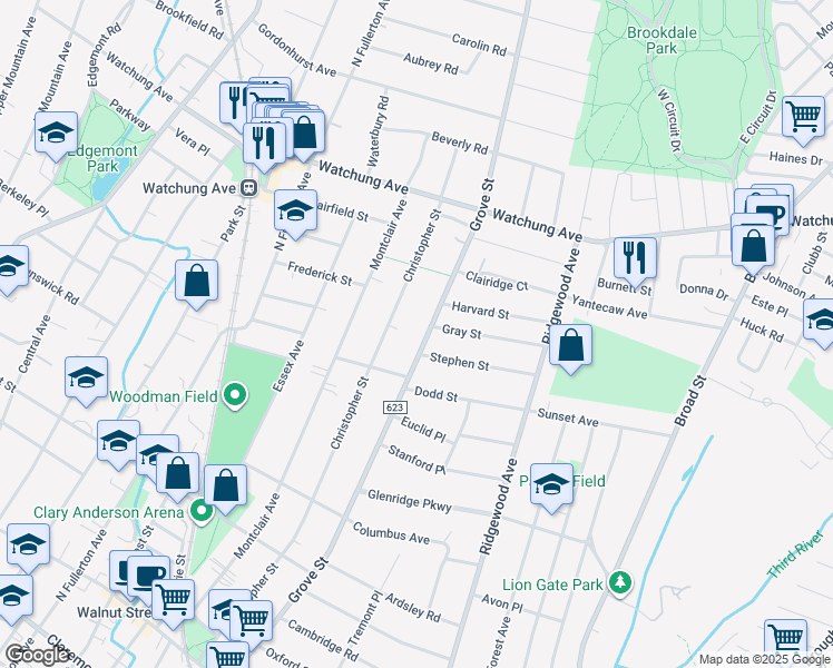 map of restaurants, bars, coffee shops, grocery stores, and more near 284 Grove Street in Montclair