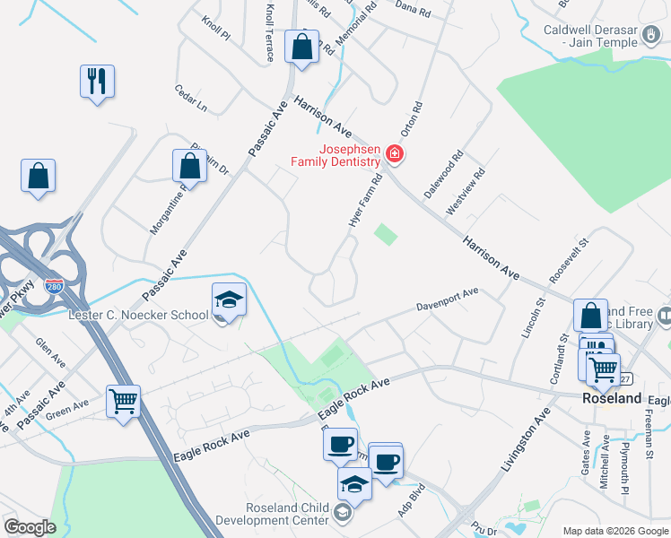 map of restaurants, bars, coffee shops, grocery stores, and more near 5 Cheryl Lane in Roseland