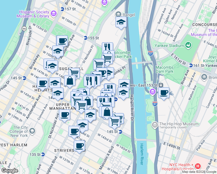 map of restaurants, bars, coffee shops, grocery stores, and more near 279 West 150th Street in New York