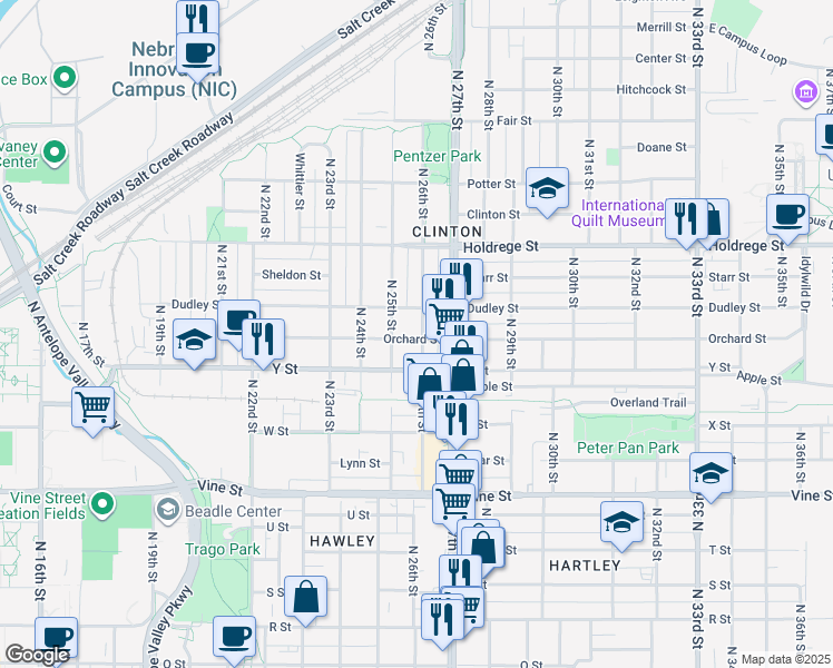 map of restaurants, bars, coffee shops, grocery stores, and more near 2540 Orchard Street in Lincoln