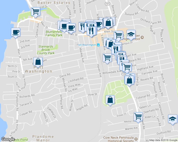map of restaurants, bars, coffee shops, grocery stores, and more near 30 Davis Road in Port Washington