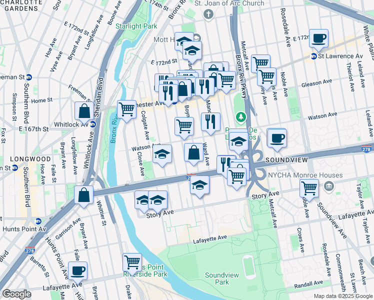 map of restaurants, bars, coffee shops, grocery stores, and more near 1050 Elder Avenue in Bronx