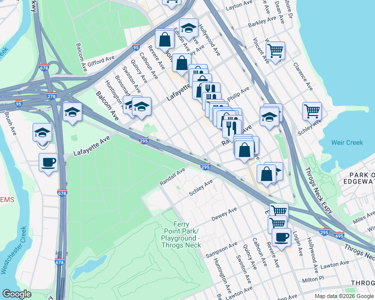 map of restaurants, bars, coffee shops, grocery stores, and more near 725 Quincy Avenue in The Bronx