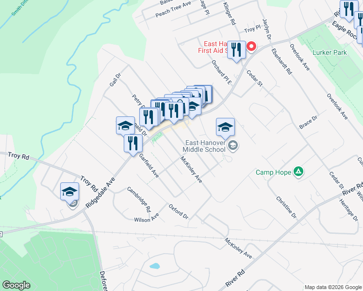 map of restaurants, bars, coffee shops, grocery stores, and more near 21 Grant Avenue in East Hanover