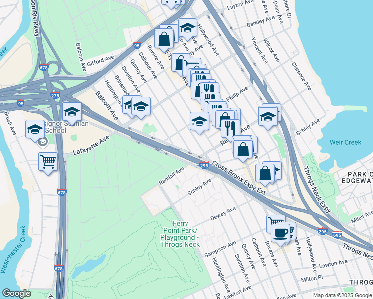 map of restaurants, bars, coffee shops, grocery stores, and more near 725 Quincy Avenue in Bronx