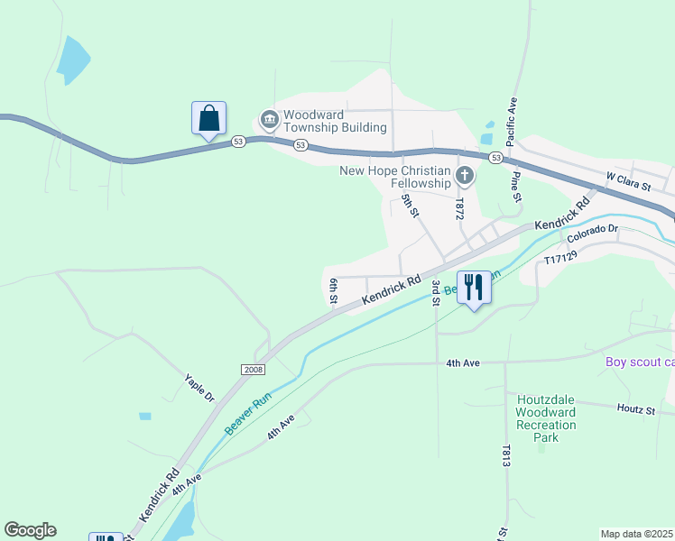 map of restaurants, bars, coffee shops, grocery stores, and more near 93 6th Street in Houtzdale