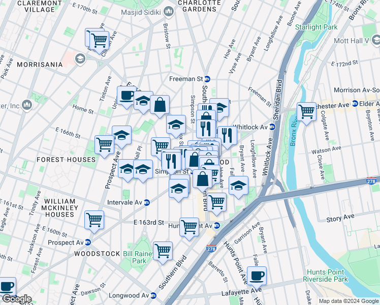 map of restaurants, bars, coffee shops, grocery stores, and more near 1075 Simpson Street in Bronx