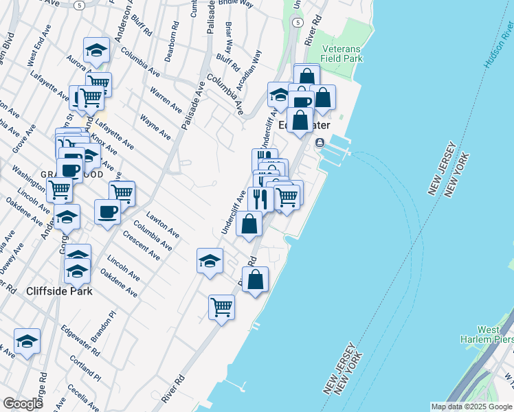 map of restaurants, bars, coffee shops, grocery stores, and more near 63 Edgewater Place in Edgewater