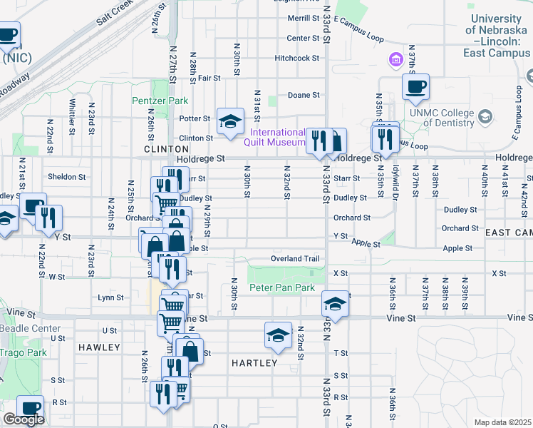 map of restaurants, bars, coffee shops, grocery stores, and more near 3046 Orchard Street in Lincoln
