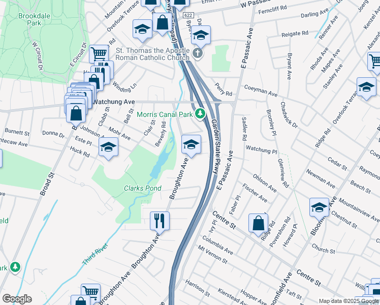 map of restaurants, bars, coffee shops, grocery stores, and more near 505 Broughton Ave in Bloomfield
