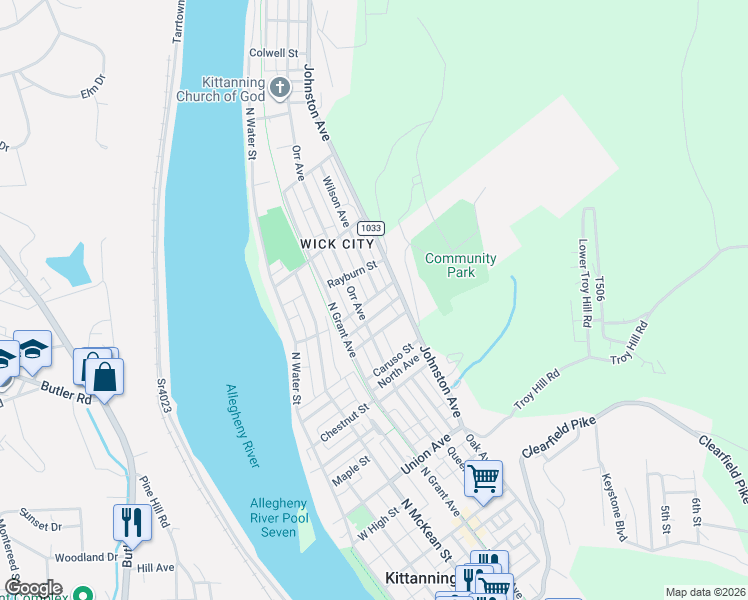 map of restaurants, bars, coffee shops, grocery stores, and more near 526 Fair Street in Kittanning
