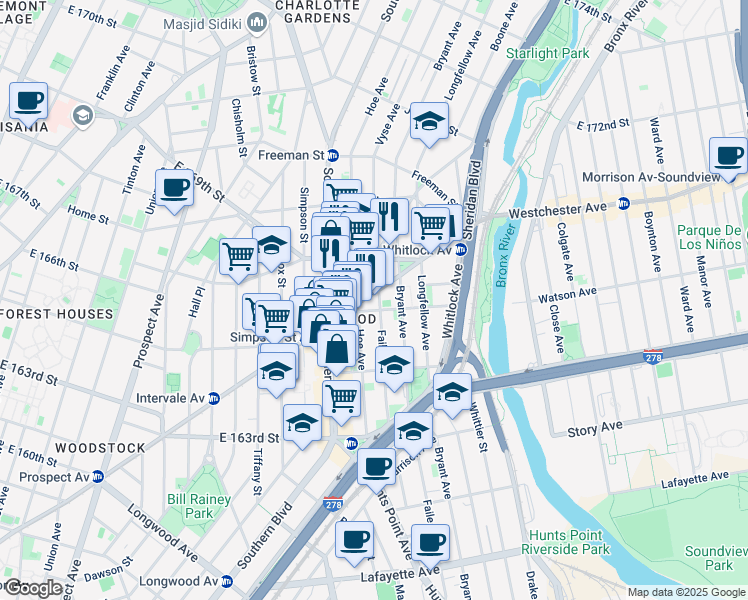 map of restaurants, bars, coffee shops, grocery stores, and more near 1122 Westchester Avenue in The Bronx