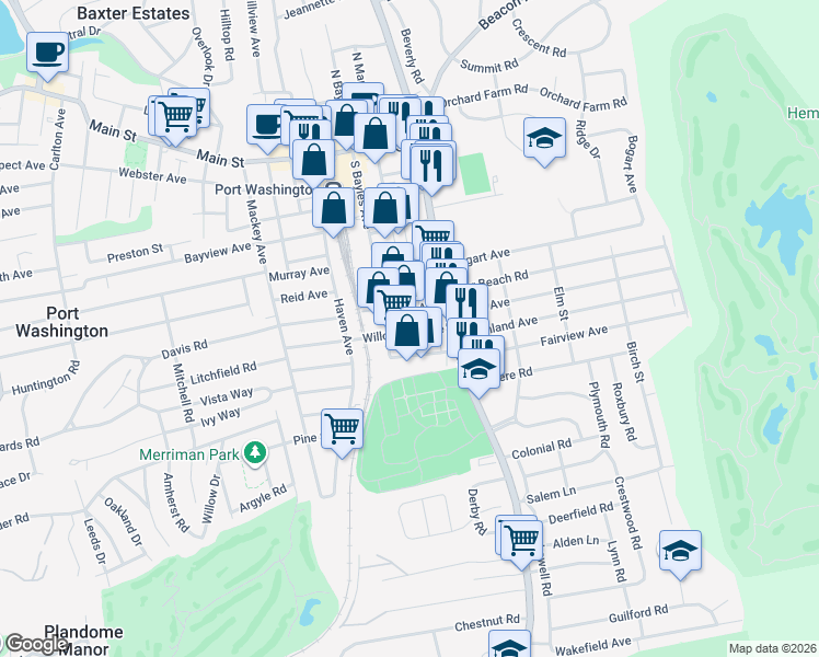 map of restaurants, bars, coffee shops, grocery stores, and more near 25 Willowdale Avenue in Port Washington