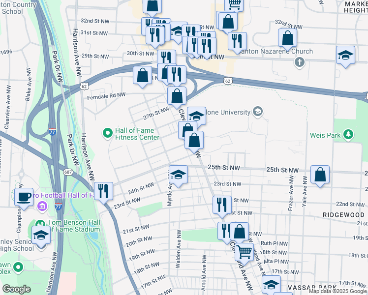 map of restaurants, bars, coffee shops, grocery stores, and more near 1320 26th Street Northwest in Canton