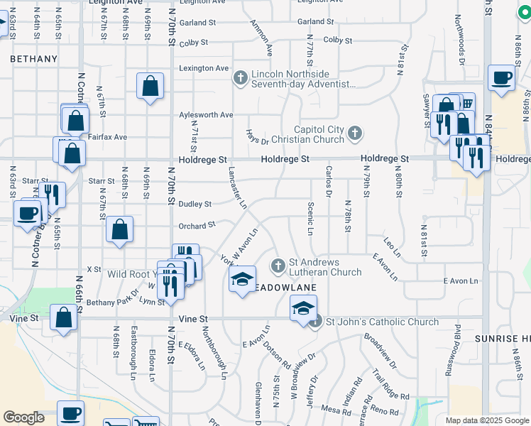 map of restaurants, bars, coffee shops, grocery stores, and more near 1311 West Avon Lane in Lincoln