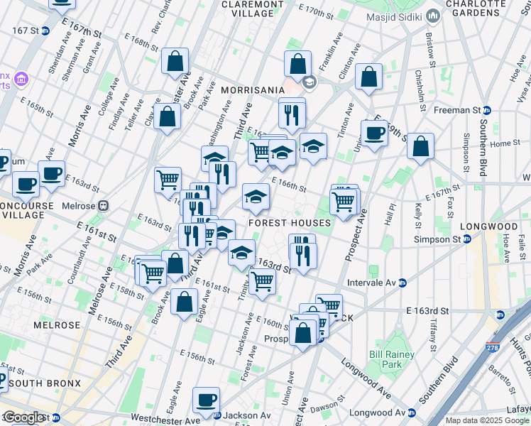 map of restaurants, bars, coffee shops, grocery stores, and more near 677 East 165th Street in The Bronx