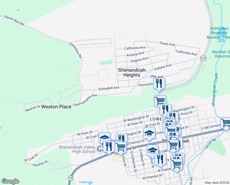 map of restaurants, bars, coffee shops, grocery stores, and more near 184 Pennsylvania Ave in Shenandoah