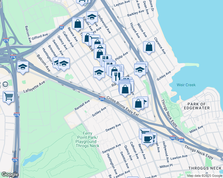 map of restaurants, bars, coffee shops, grocery stores, and more near 2868 Randall Avenue in Bronx