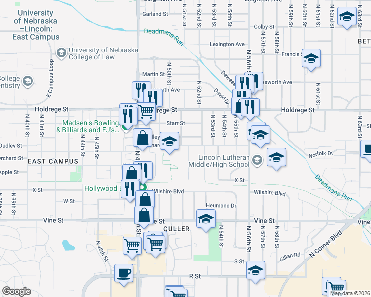 map of restaurants, bars, coffee shops, grocery stores, and more near 5083 Orchard Street in Lincoln