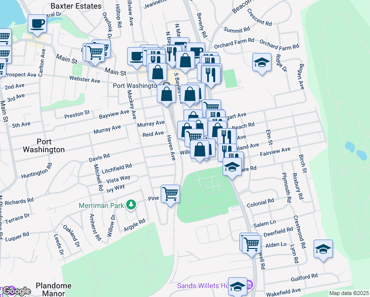 map of restaurants, bars, coffee shops, grocery stores, and more near 90 South Bayles Avenue in Port Washington