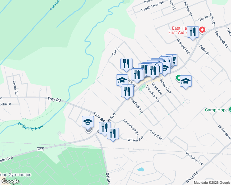 map of restaurants, bars, coffee shops, grocery stores, and more near 17 Weaver Place in East Hanover