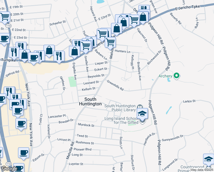 map of restaurants, bars, coffee shops, grocery stores, and more near 70 Greenhills Road in Huntington Station