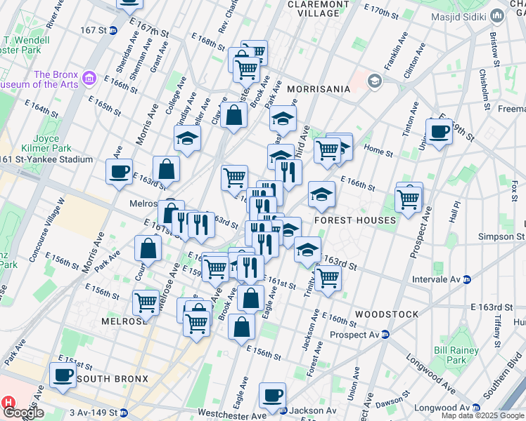 map of restaurants, bars, coffee shops, grocery stores, and more near 488 East 164th Street in The Bronx