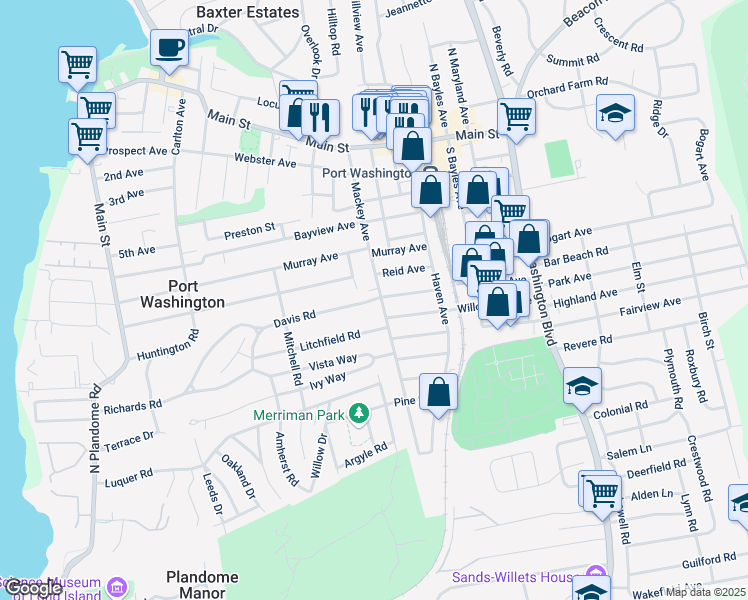 map of restaurants, bars, coffee shops, grocery stores, and more near 21 Davis Road in Port Washington