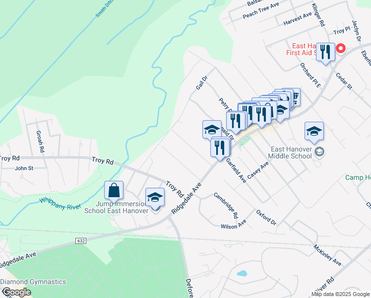 map of restaurants, bars, coffee shops, grocery stores, and more near 34 Weaver Place in East Hanover