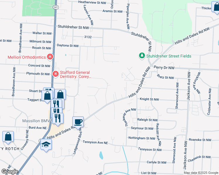 map of restaurants, bars, coffee shops, grocery stores, and more near 3034 Inwood Drive Northwest in Massillon