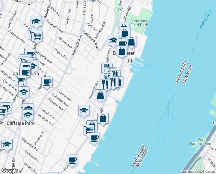 map of restaurants, bars, coffee shops, grocery stores, and more near 880 River Road in Edgewater