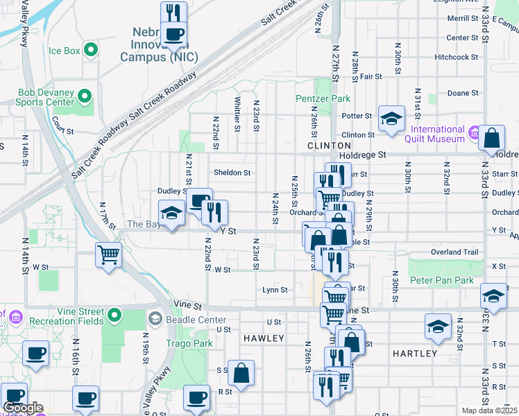 map of restaurants, bars, coffee shops, grocery stores, and more near 2300 Orchard Street in Lincoln