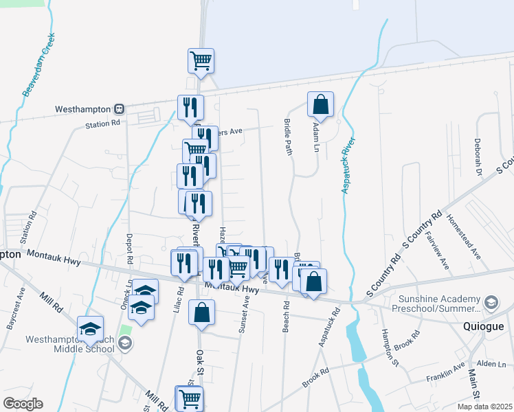 map of restaurants, bars, coffee shops, grocery stores, and more near 43 Rogers Avenue in Westhampton Beach