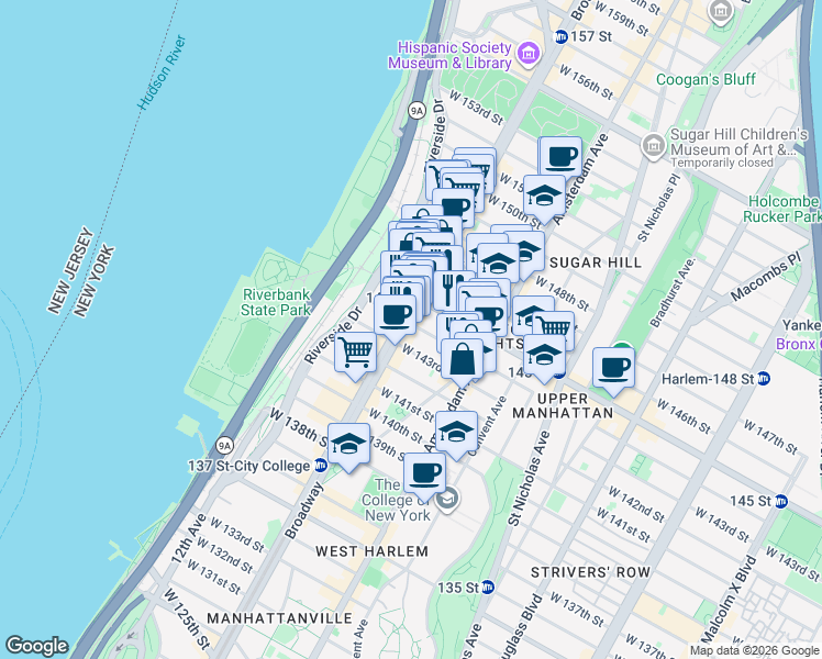 map of restaurants, bars, coffee shops, grocery stores, and more near 562 West 144th Street in New York