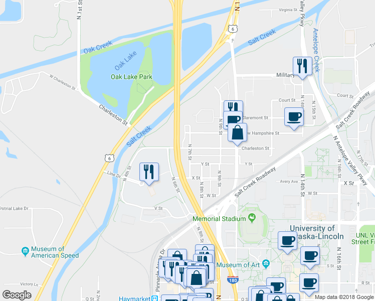 map of restaurants, bars, coffee shops, grocery stores, and more near 1127 North 7th Street in Lincoln