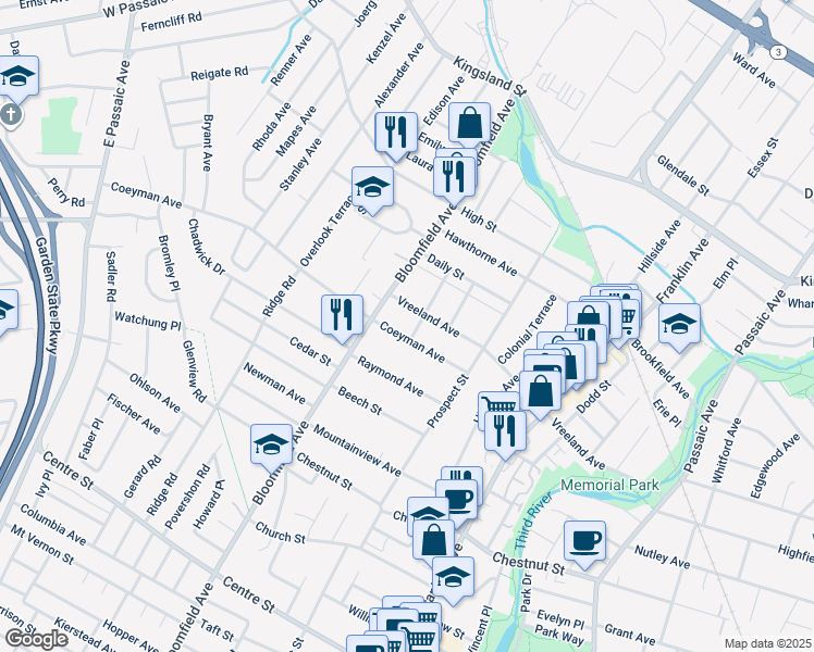 map of restaurants, bars, coffee shops, grocery stores, and more near 7 Sylvan Place in Nutley