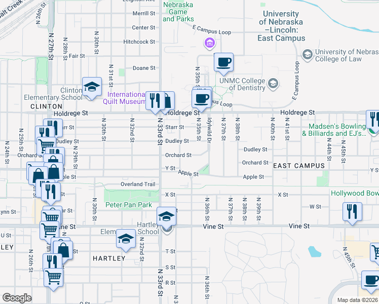 map of restaurants, bars, coffee shops, grocery stores, and more near 3434 Orchard Street in Lincoln
