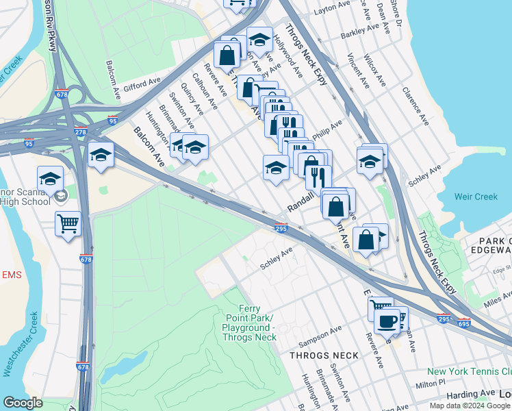map of restaurants, bars, coffee shops, grocery stores, and more near 725 Quincy Avenue in The Bronx