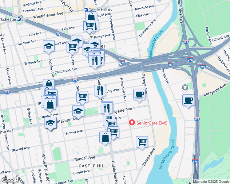 map of restaurants, bars, coffee shops, grocery stores, and more near 2242 Story Avenue in Bronx