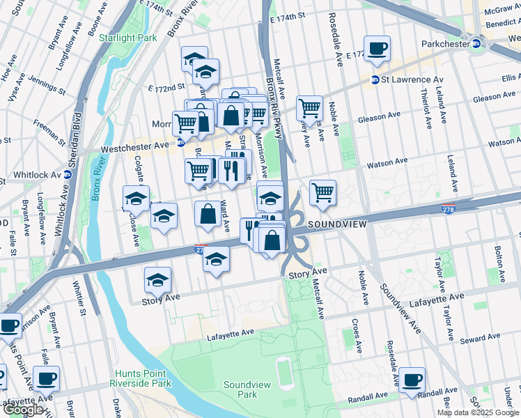 map of restaurants, bars, coffee shops, grocery stores, and more near 1045 Stratford Avenue in Bronx