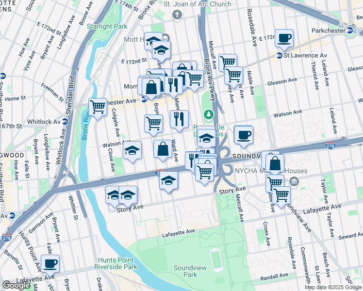 map of restaurants, bars, coffee shops, grocery stores, and more near 1048 Ward Avenue in Bronx