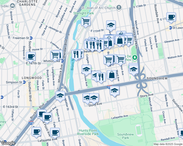 map of restaurants, bars, coffee shops, grocery stores, and more near 1464 Watson Avenue in Bronx