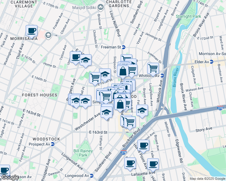 map of restaurants, bars, coffee shops, grocery stores, and more near 1075 Simpson Street in Bronx