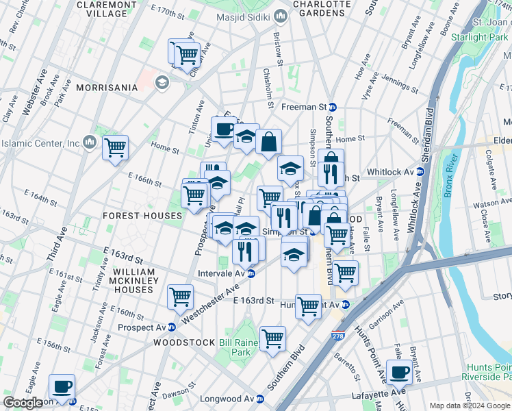 map of restaurants, bars, coffee shops, grocery stores, and more near 1075 Kelly Street in Bronx