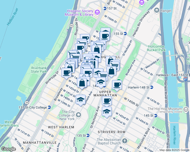 map of restaurants, bars, coffee shops, grocery stores, and more near 1722 Amsterdam Avenue in New York