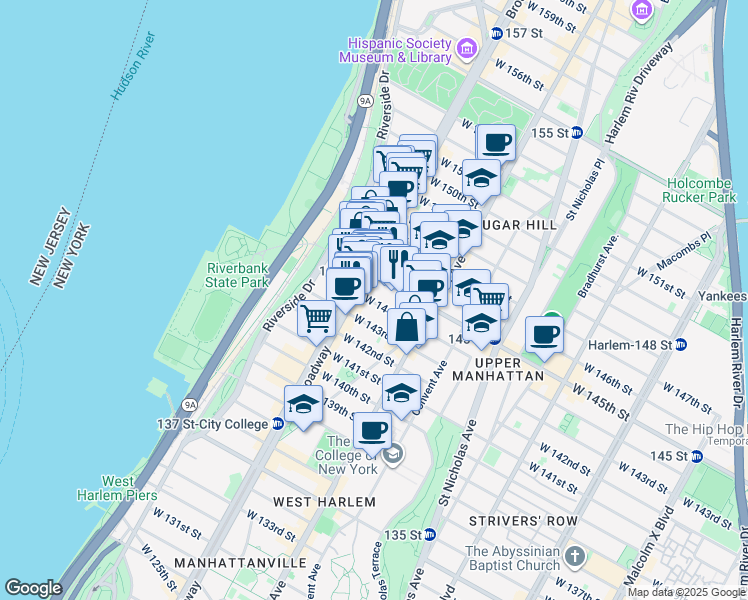 map of restaurants, bars, coffee shops, grocery stores, and more near 557 West 144th Street in New York