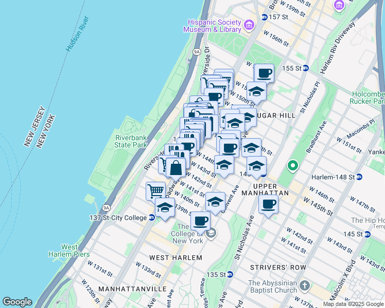 map of restaurants, bars, coffee shops, grocery stores, and more near 3509 Broadway in New York