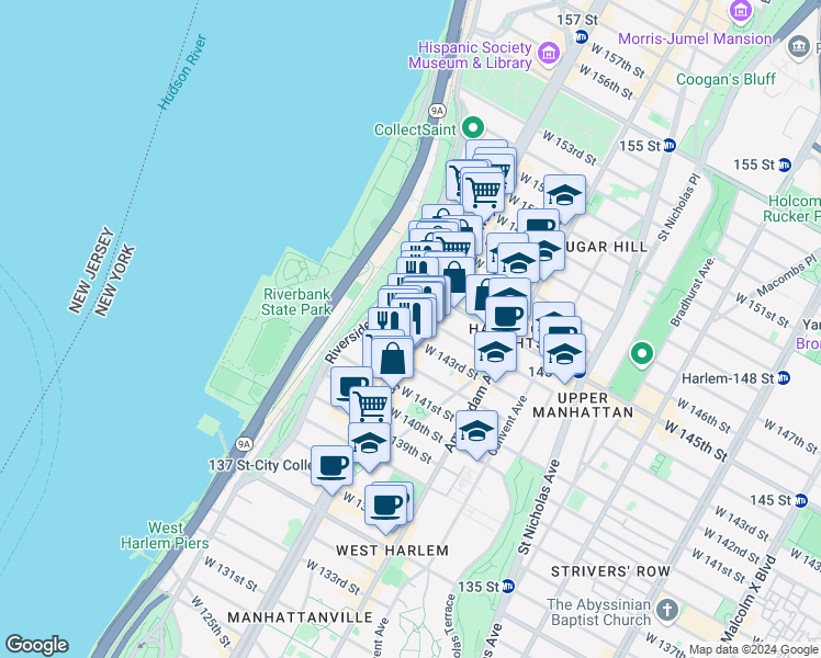 map of restaurants, bars, coffee shops, grocery stores, and more near 3509 Broadway in New York
