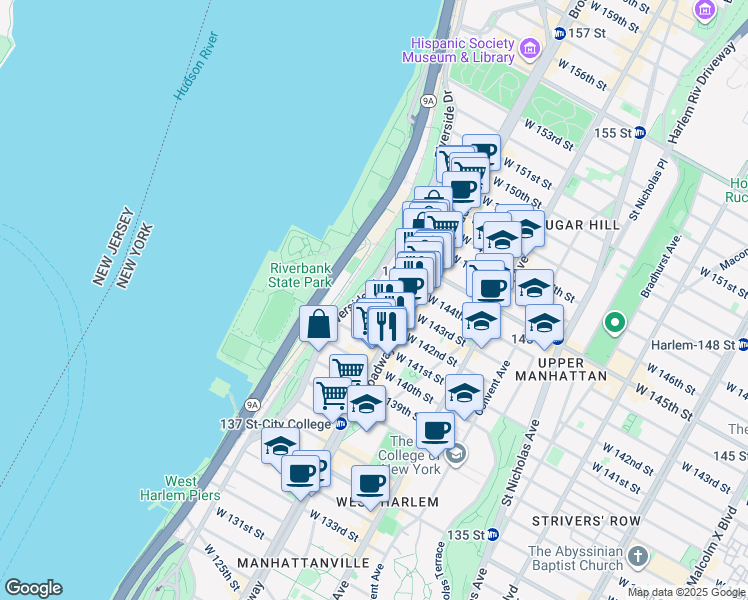 map of restaurants, bars, coffee shops, grocery stores, and more near in New York