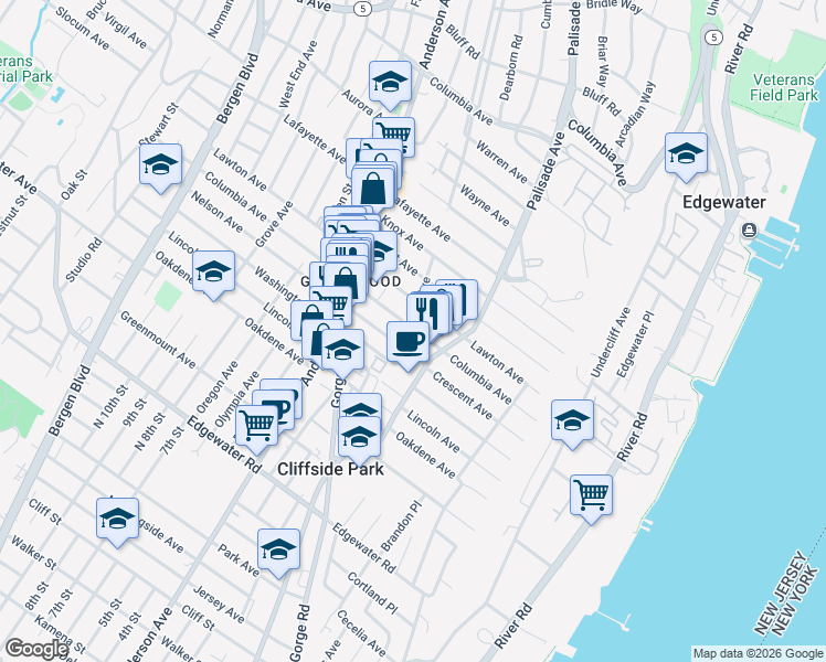 map of restaurants, bars, coffee shops, grocery stores, and more near 229 Columbia Avenue in Cliffside Park